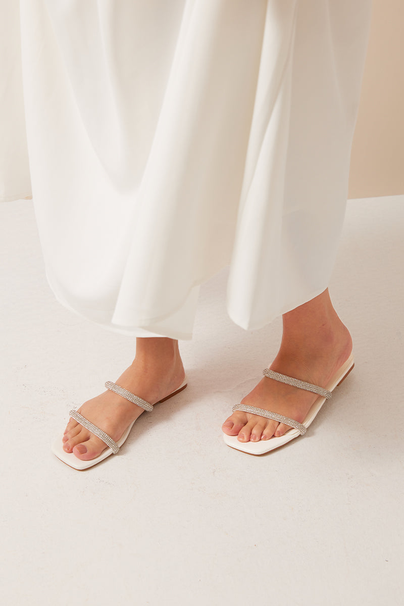 Tiana Crystal Strappy Sliders in White