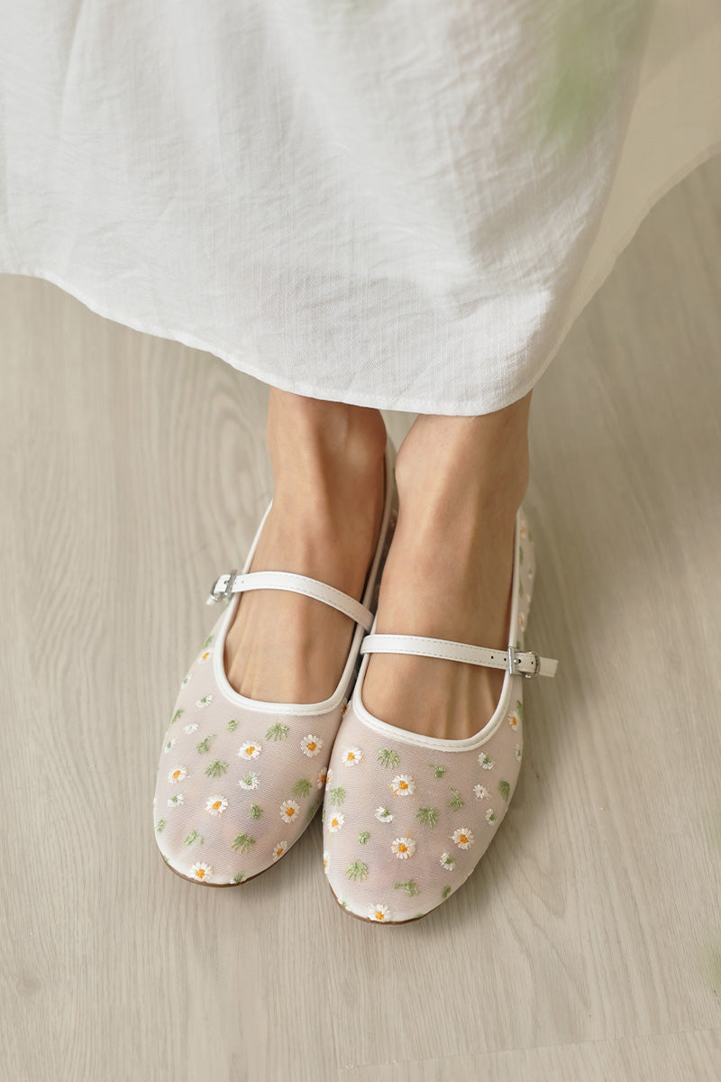Tilly Embroidered Mesh Maryjane Flats in White