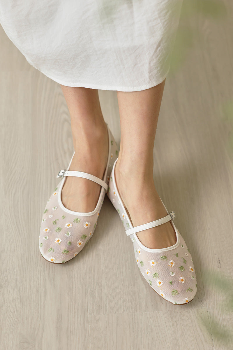 Tilly Embroidered Mesh Maryjane Flats in White