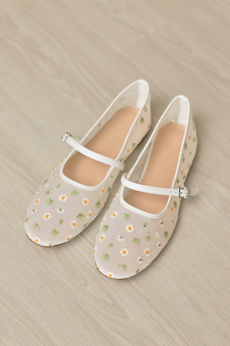 Tilly Embroidered Mesh Maryjane Flats in White