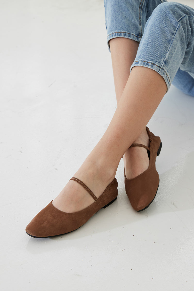 Verity Ruched Maryjane Flats in Coffee Waterproof Satin