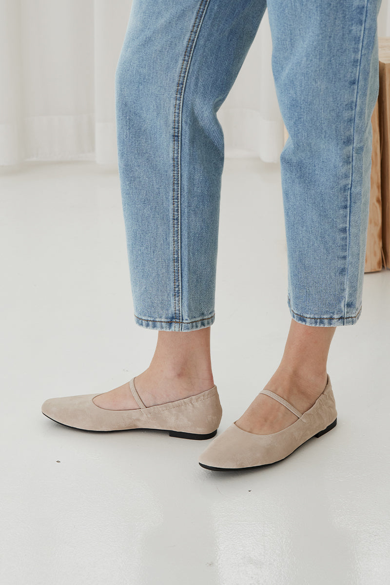 Verity Ruched Maryjane Flats in Pale Taupe Waterproof Satin