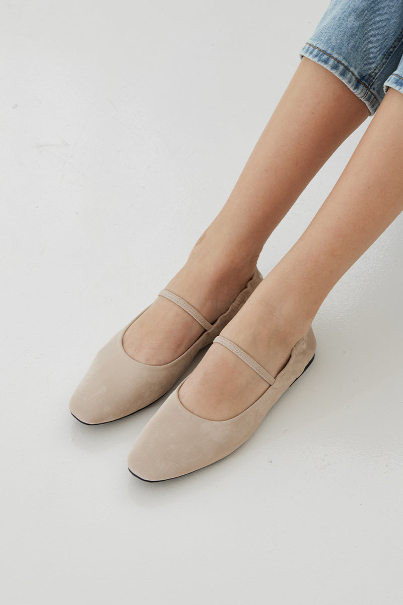 Verity Ruched Maryjane Flats in Pale Taupe Waterproof Satin