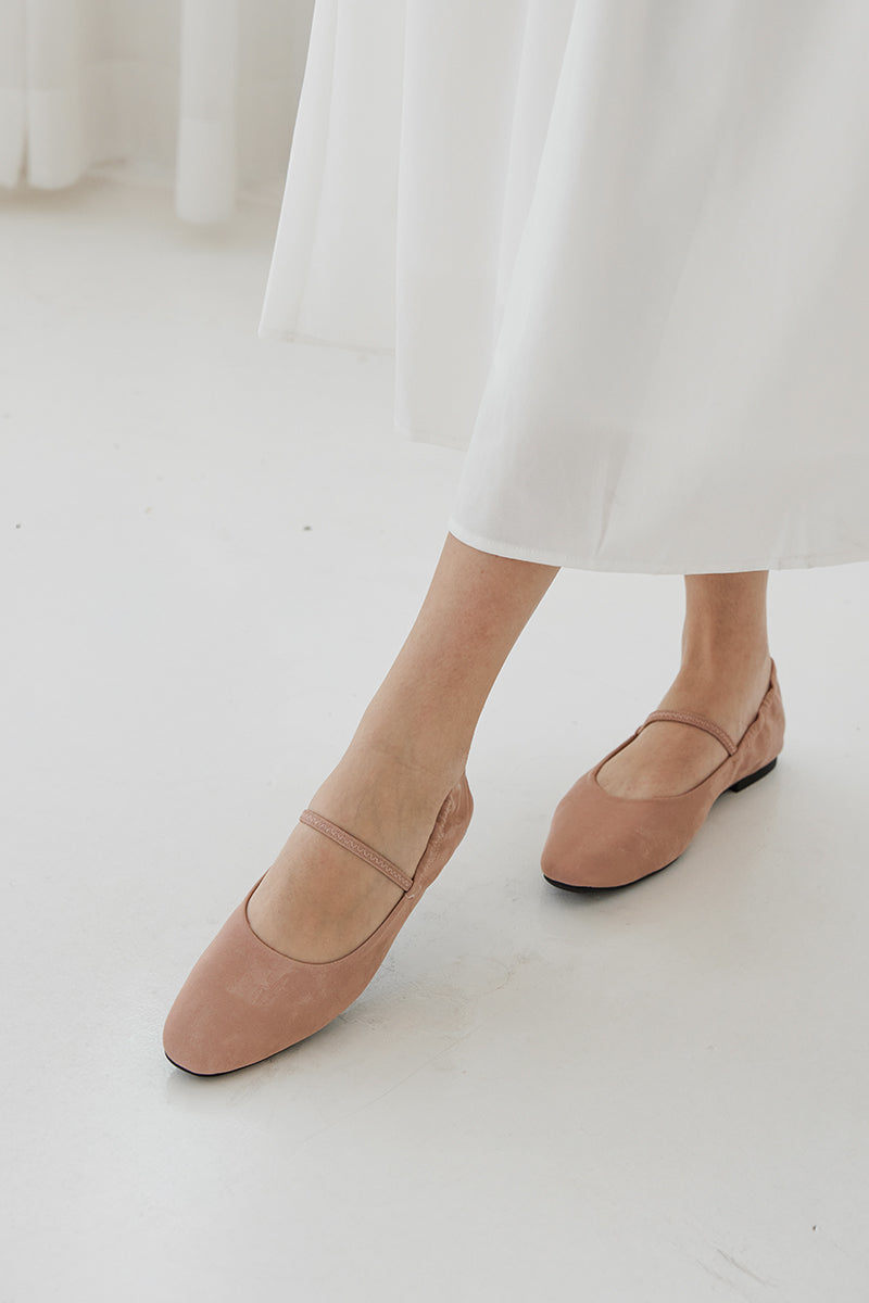 Verity Ruched Maryjane Flats in Rose Waterproof Satin