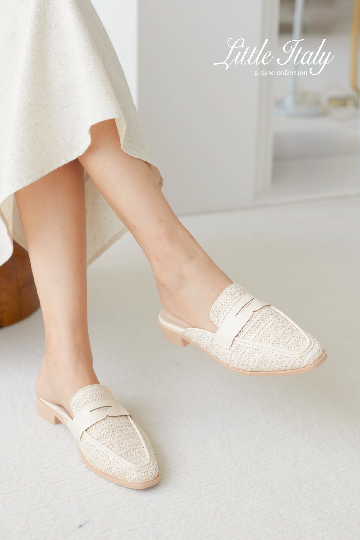 Lucca Rattan Loafer Mules in Cream