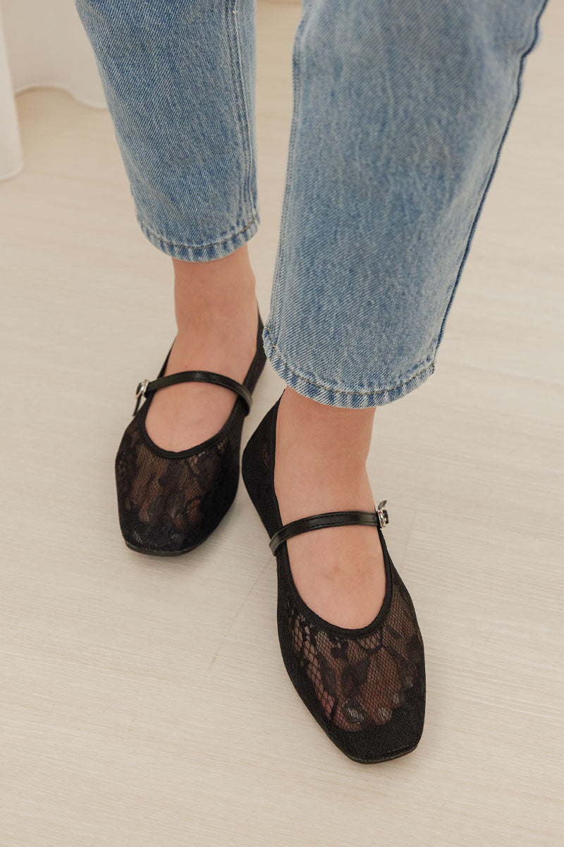 Lunaire Lace Mesh Maryjane Flats in Black