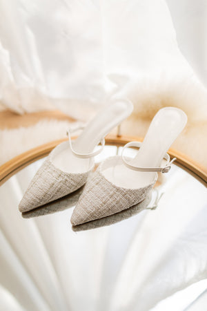 
                  
                    Almi Tweed Buckle Heels in White
                  
                