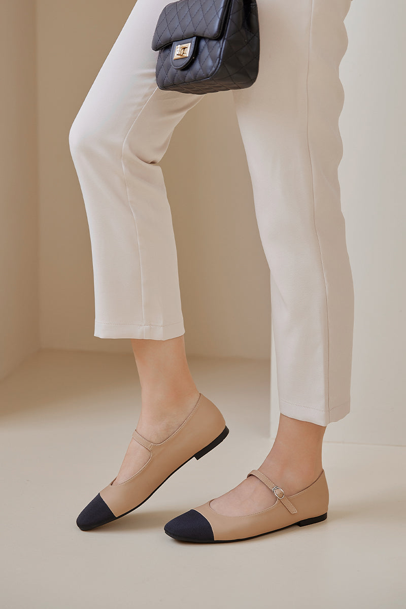 Elaina Contrasting Mary Jane Flats in Nude