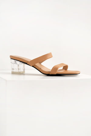 
                  
                    Cora Strappy Clear Heels in Tan
                  
                